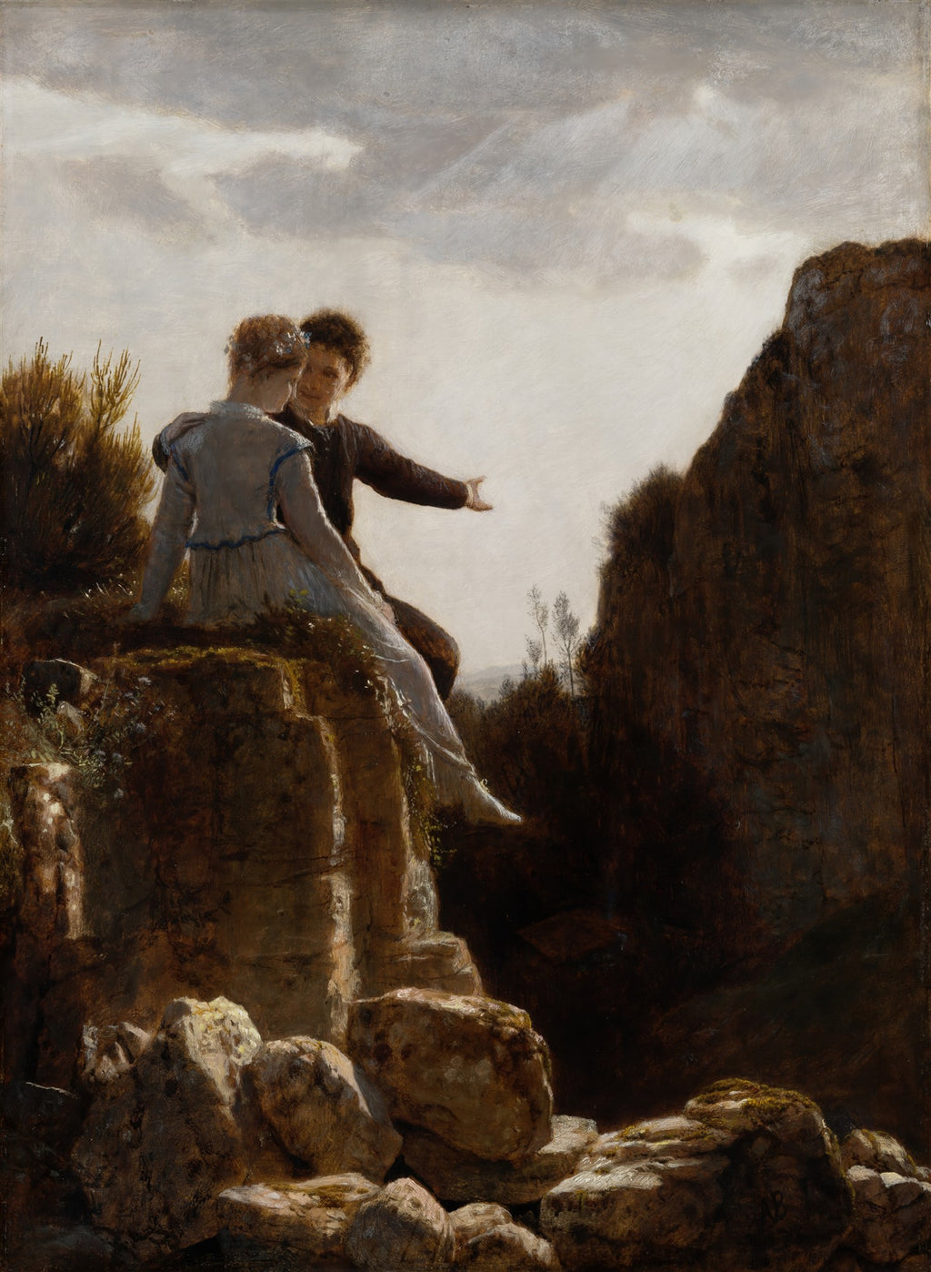 Casal em um promontório rochoso, com um homem gesticulando para o horizonte, em uma cena dramática e crepuscular, obra de Arnold Böcklin, 'A Despedida'.