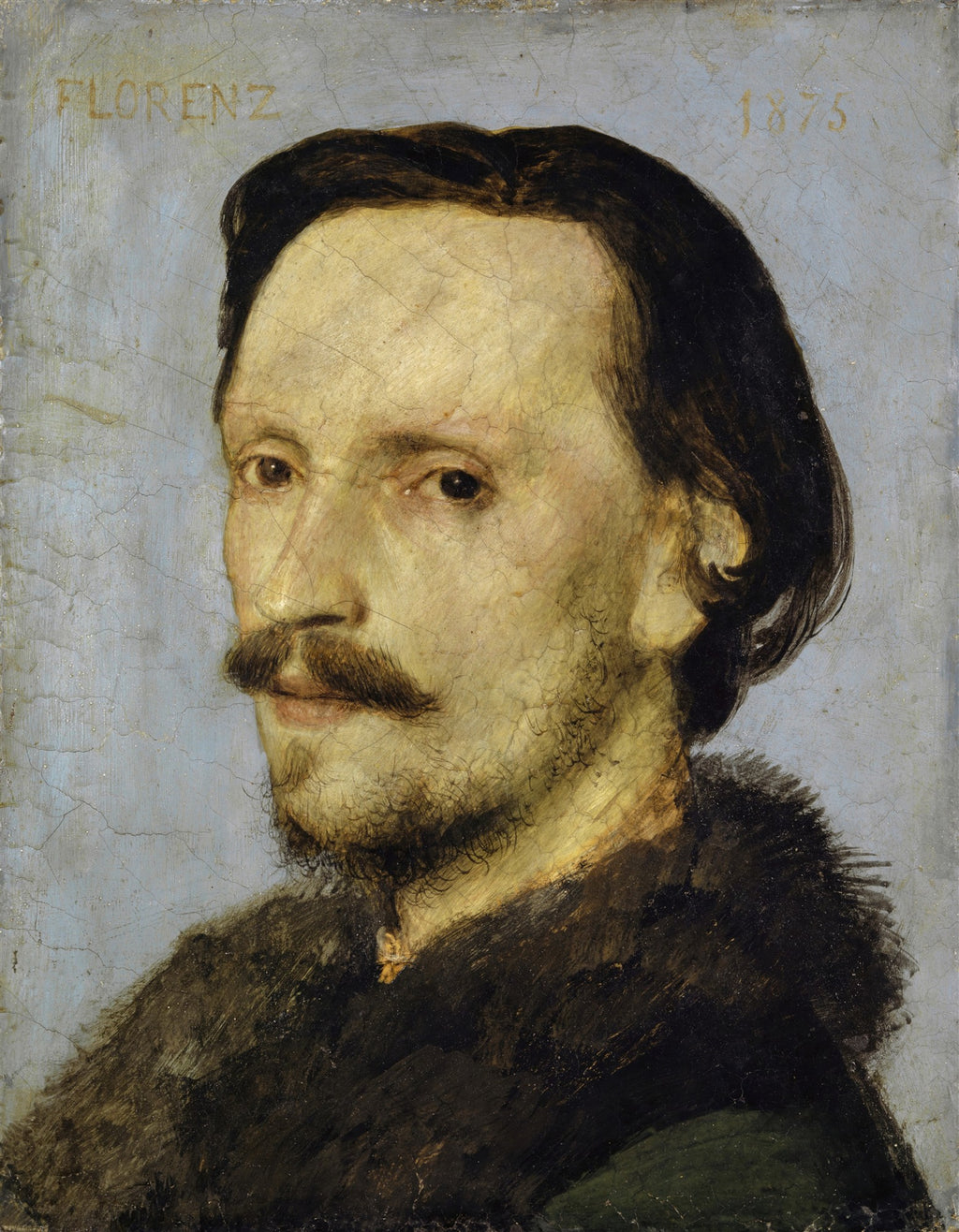 Autorretrato do artista Arnold Böcklin, um homem com barba e bigode, olhar intenso, cabelos escuros, em tons de azul acinzentado e marrom, com a inscrição 'FLORENZ' e '1875' na parte superior.
