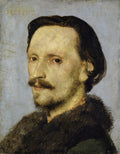 Autorretrato do artista Arnold Böcklin, um homem com barba e bigode, olhar intenso, cabelos escuros, em tons de azul acinzentado e marrom, com a inscrição 'FLORENZ' e '1875' na parte superior.