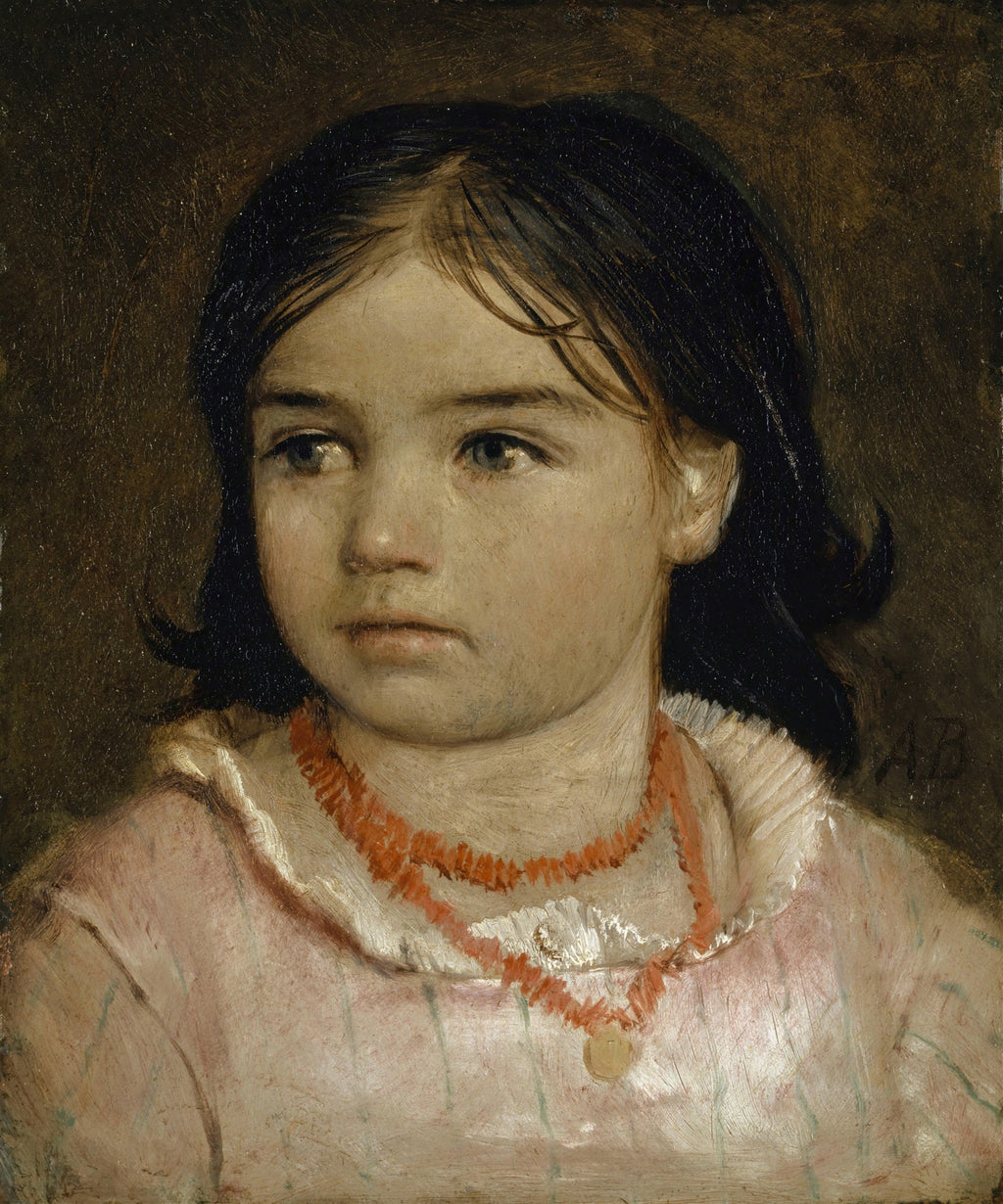 Quadro decorativo com retrato de uma menina de cabelos escuros e olhos claros, usando um colar de contas vermelhas e uma blusa rosa, em estilo clássico de Arnold Böcklin.