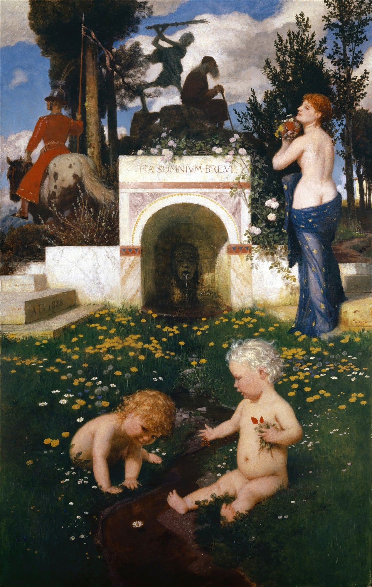 Quadro decorativo colorido de Arnold Böcklin, 'A Alegoria da Vida', retratando figuras simbólicas da infância, juventude e velhice, com uma fonte e a frase 'VITA SOMNIUM BREVE' em latim, em uma paisagem verde com flores amarelas e brancas.