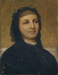 Retrato de mulher jovem de busto, com véu escuro e coroa de flores azuis, atribuído a Arnold Böcklin. Fundo em tons terrosos.