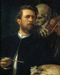Autorretrato de Arnold Böcklin, um homem barbudo com pincel e paleta, com um esqueleto sorridente tocando violino sobre seu ombro direito, em tons escuros e dramáticos.