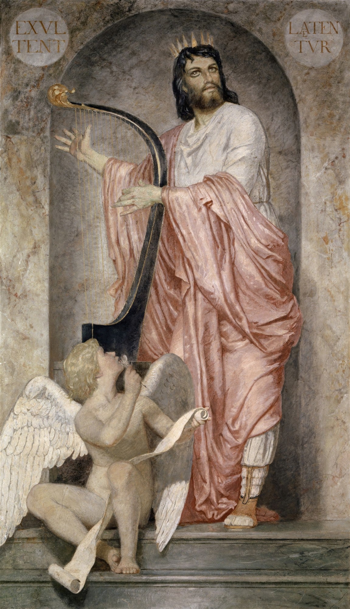 Quadro decorativo com a pintura 'O Rei Davi com Anjo' de Arnold Böcklin, mostrando o Rei Davi de coroa e harpa, com um anjo ajoelhado ao lado.