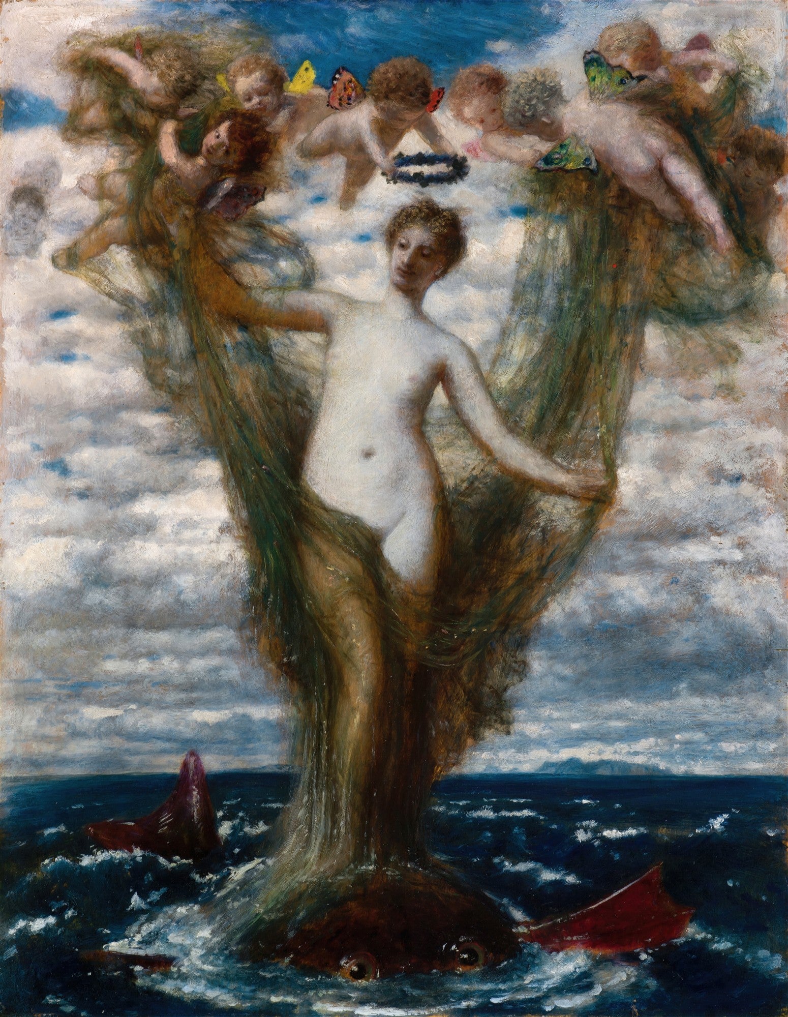 Quadro decorativo 'A Chegada de Vênus' de Arnold Böcklin, mostrando Vênus emergindo do mar, cercada por querubins em um céu nublado.
