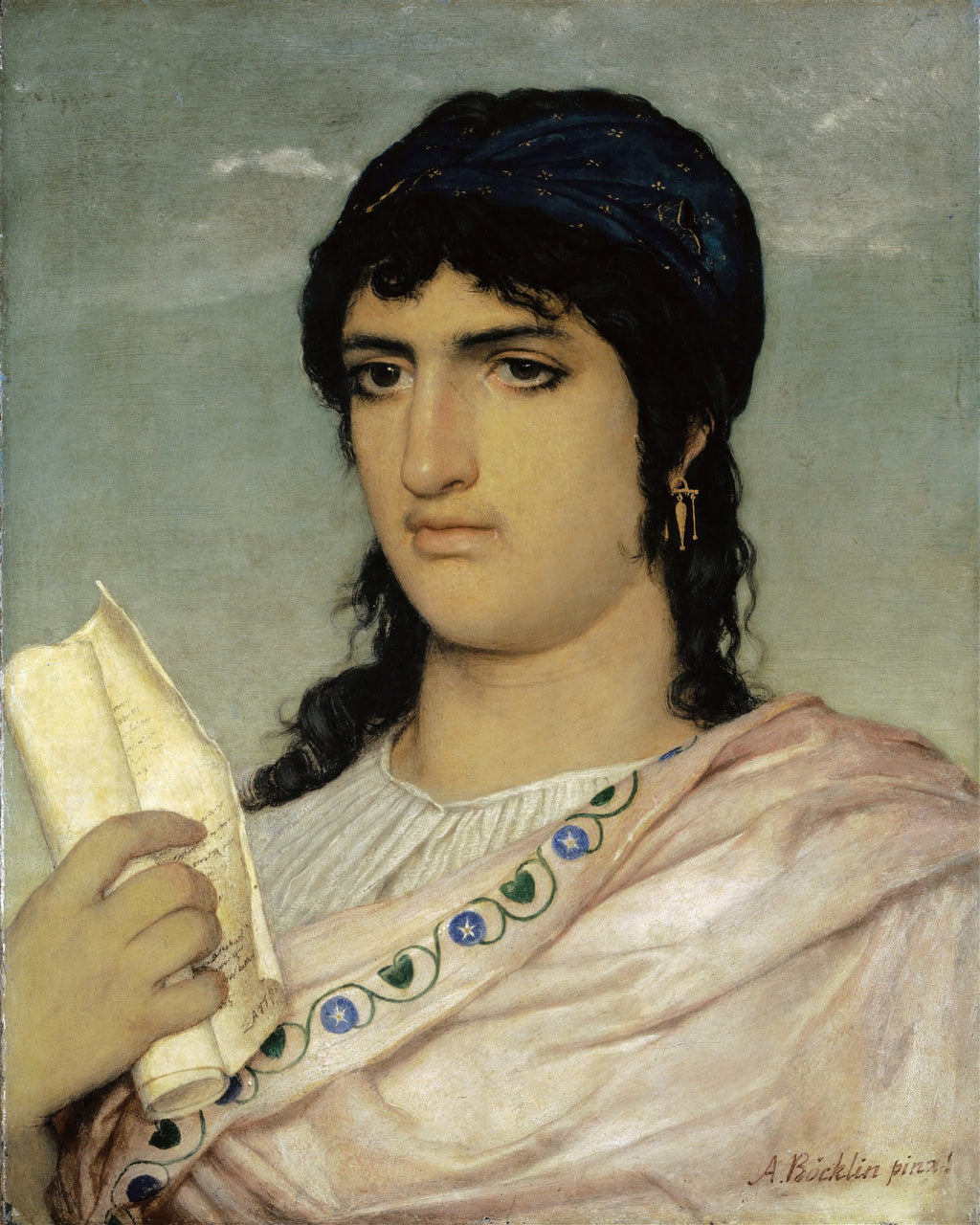 Retrato de uma mulher jovem de cabelos escuros e olhar contemplativo, vestindo um turbante azul e uma túnica rosa com detalhes florais, segurando um pergaminho. Obra 'A Sibila' de Arnold Böcklin.