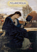 Mulher sentada, de perfil, com expressão pensativa e um espelho na mão, em uma paisagem outonal, obra Melancolia de Arnold Böcklin