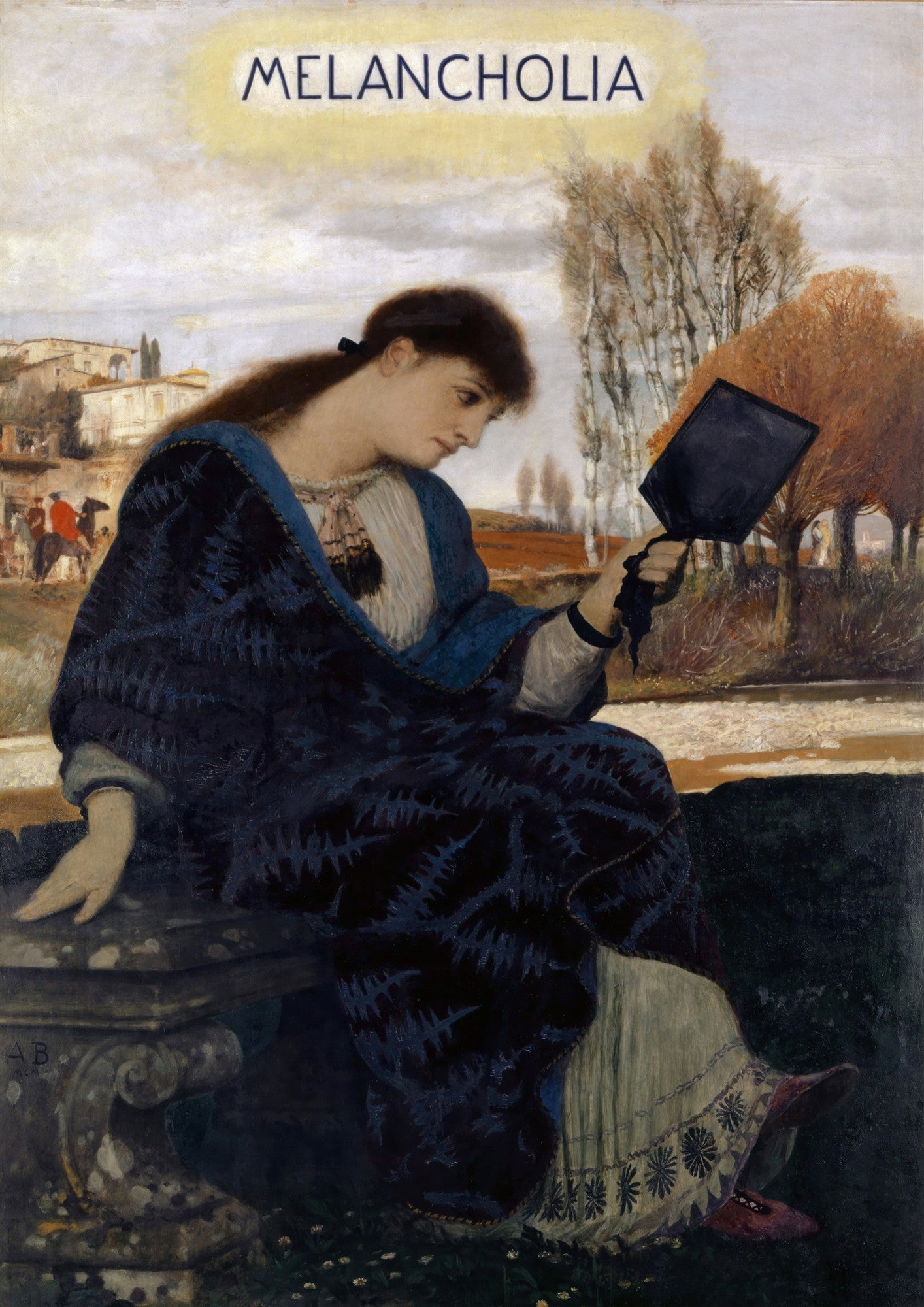 Mulher sentada, de perfil, com expressão pensativa e um espelho na mão, em uma paisagem outonal, obra Melancolia de Arnold Böcklin