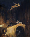 Quadro decorativo mostrando uma cena dramática noturna com dois cavaleiros em combate sobre uma ponte de pedra. A luz dourada ilumina parcialmente a ponte e as árvores ao fundo, enquanto o restante da cena está envolto em sombras escuras. A obra é atribuída a Arnold Böcklin.