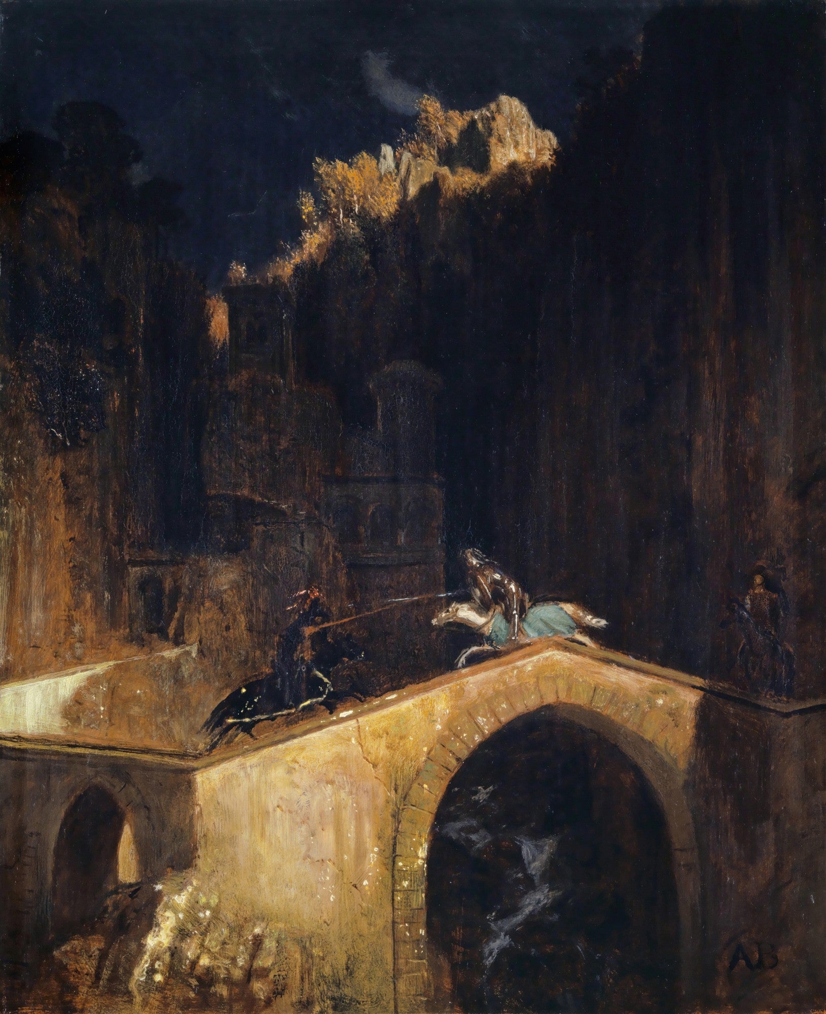 Quadro decorativo mostrando uma cena dramática noturna com dois cavaleiros em combate sobre uma ponte de pedra. A luz dourada ilumina parcialmente a ponte e as árvores ao fundo, enquanto o restante da cena está envolto em sombras escuras. A obra é atribuída a Arnold Böcklin.