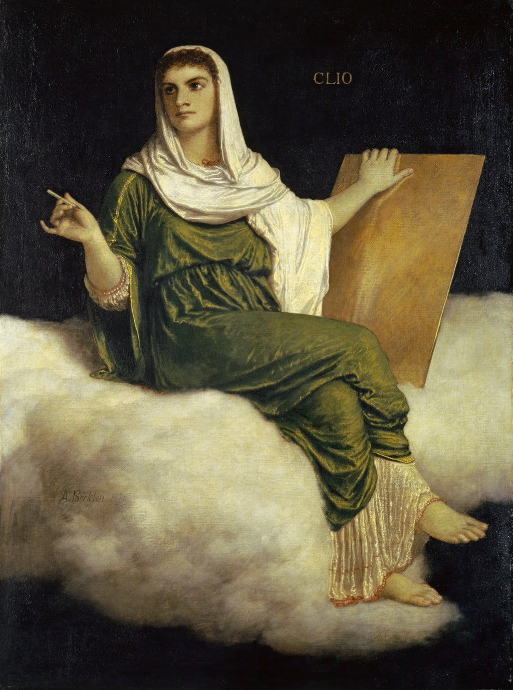 Quadro decorativo de Clio, a Musa da História, obra de Arnold Böcklin. Uma figura feminina vestida de verde e branco, sentada em nuvens com uma pena e uma tábua.