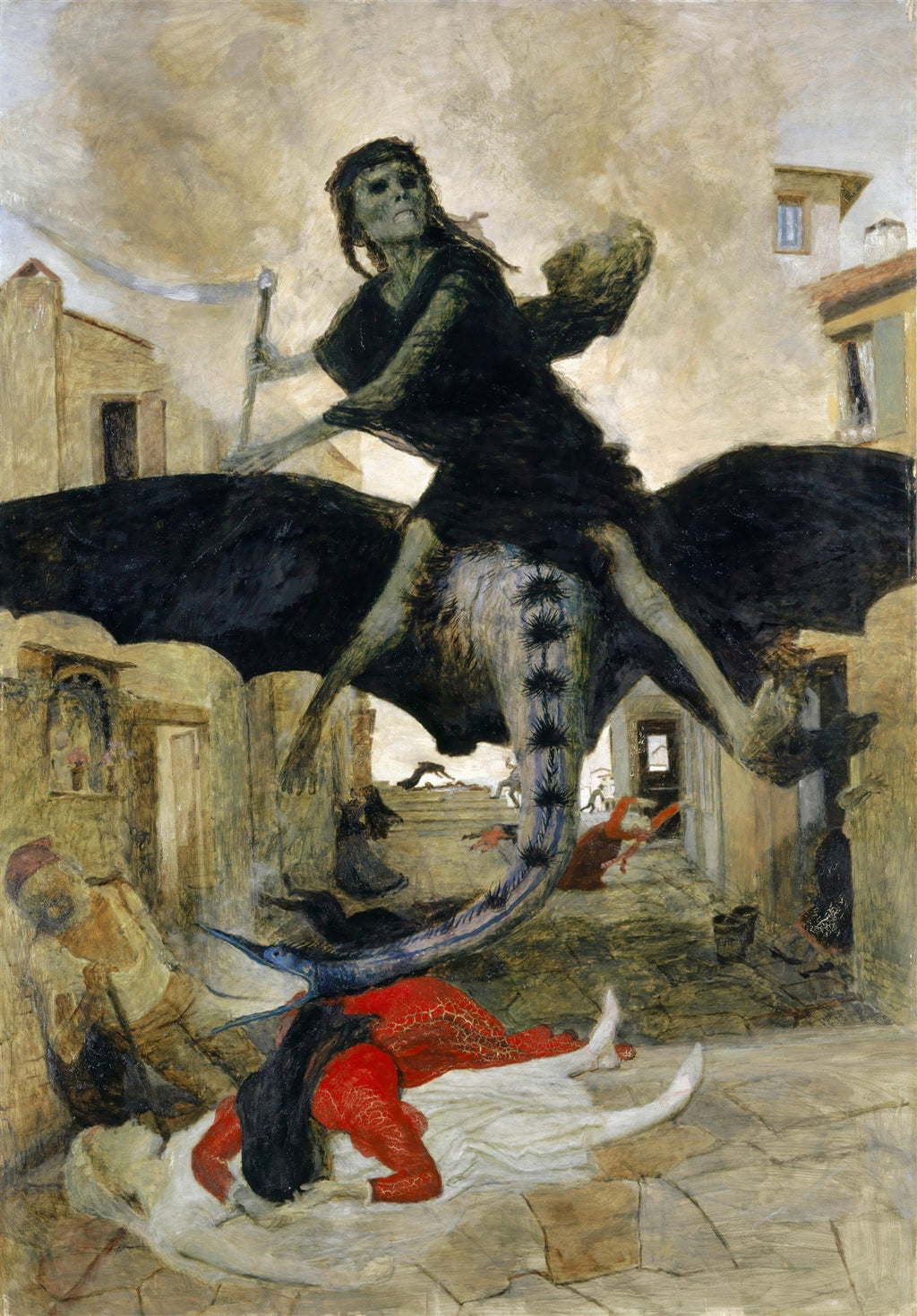 Quadro decorativo "A Peste" de Arnold Böcklin. Representa uma figura esquelética montada em um monstro alado sobre uma rua, com corpos caídos e pânico na cena.