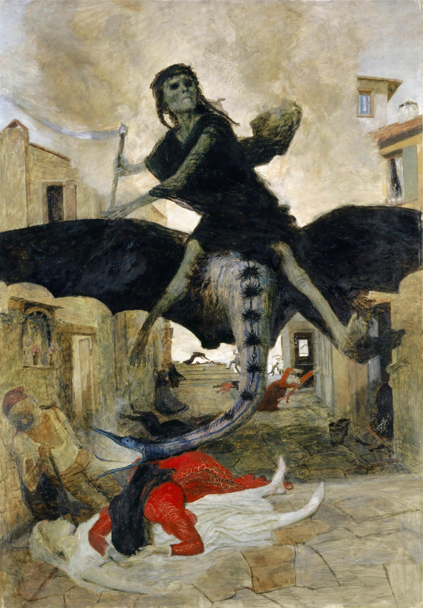 Quadro decorativo "A Peste" de Arnold Böcklin. Representa uma figura esquelética montada em um monstro alado sobre uma rua, com corpos caídos e pânico na cena.