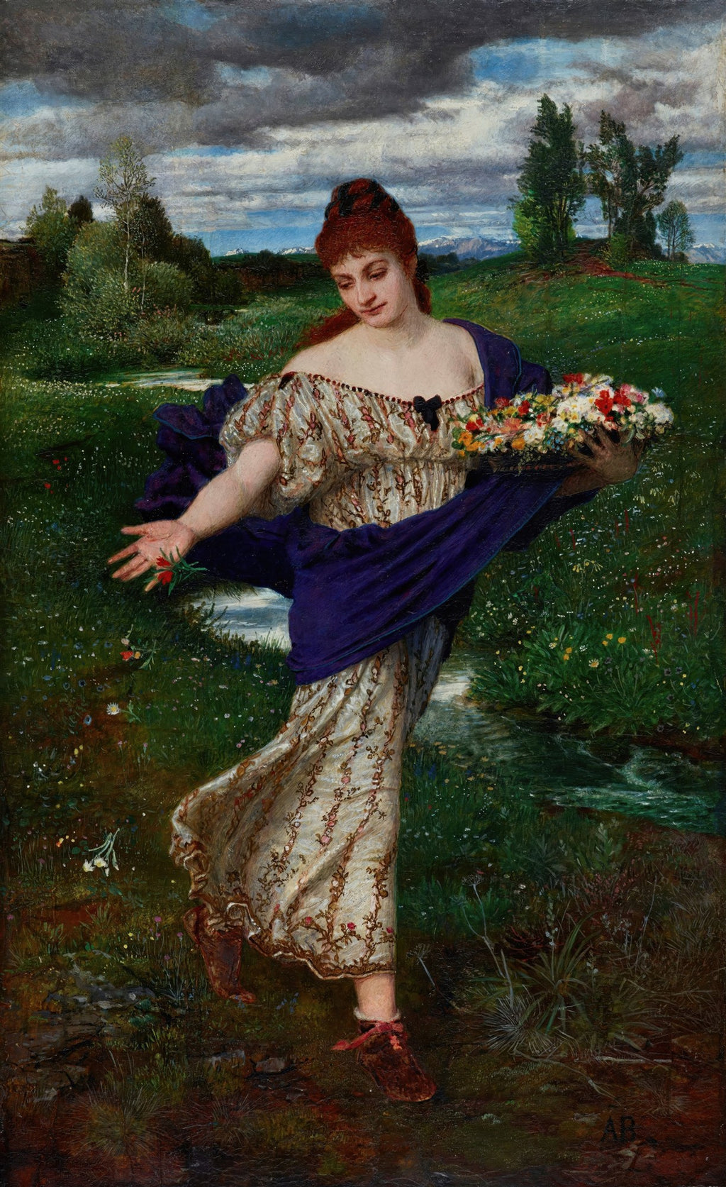 Quadro decorativo com pintura de Arnold Böcklin, retratando uma mulher em um campo verdejante, espalhando flores, com céu nublado e montanhas ao fundo.