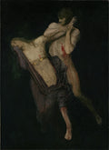Pintura 'A Peste' de Arnold Böcklin, mostrando duas figuras em uma composição escura. Um homem de braços levantados em desespero ou luta, e uma mulher aparentemente desfalecida ou morta em seus braços, ambos com tons de pele pálidos e trajes esvoaçantes, em um fundo quase totalmente preto. Há detalhes de sangue ou ferimentos em ambos.