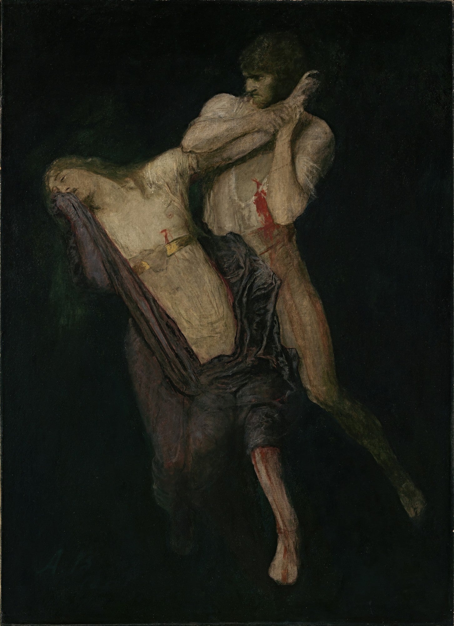 Pintura 'A Peste' de Arnold Böcklin, mostrando duas figuras em uma composição escura. Um homem de braços levantados em desespero ou luta, e uma mulher aparentemente desfalecida ou morta em seus braços, ambos com tons de pele pálidos e trajes esvoaçantes, em um fundo quase totalmente preto. Há detalhes de sangue ou ferimentos em ambos.