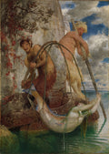 Quadro decorativo mostrando dois sátiros em uma rocha, puxando uma rede contendo uma sereia, com o mar ao fundo. Obra de Arnold Böcklin.