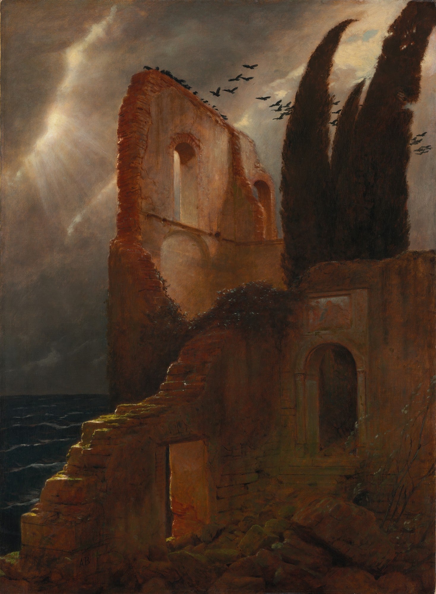 Pintura a óleo de Arnold Böcklin mostrando ruínas antigas de tijolos desgastados à beira-mar, com raios de sol atravessando nuvens escuras e pássaros voando no céu. O mar está agitado e há árvores escuras e altas ao lado das ruínas.