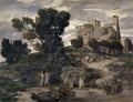 Quadro decorativo fine art de Arnold Böcklin, A Villa na Praia, exibindo uma paisagem com uma vila em ruínas sobre um penhasco, árvores escuras e figuras misteriosas ao fundo, sob um céu nublado.