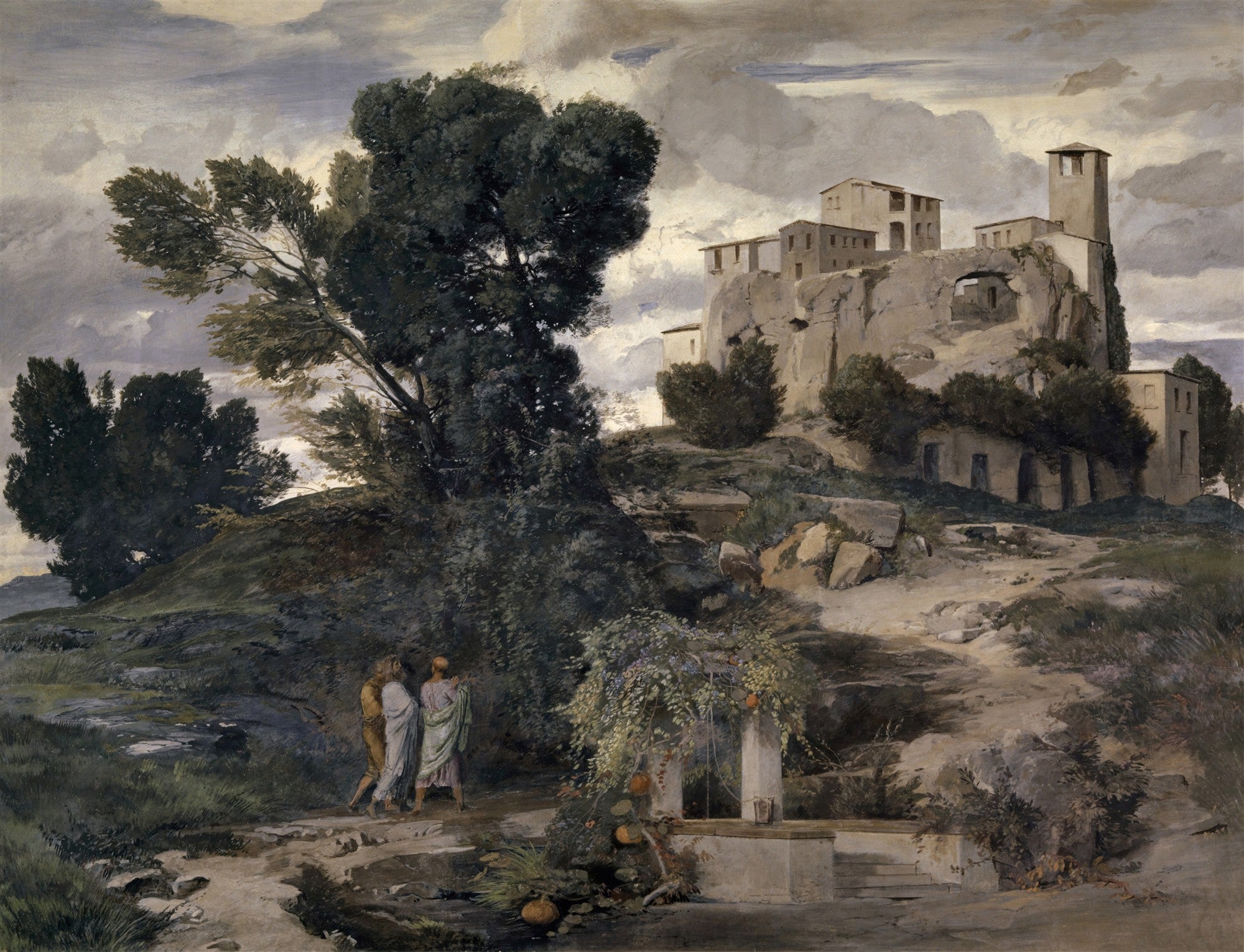Quadro decorativo fine art de Arnold Böcklin, A Villa na Praia, exibindo uma paisagem com uma vila em ruínas sobre um penhasco, árvores escuras e figuras misteriosas ao fundo, sob um céu nublado.