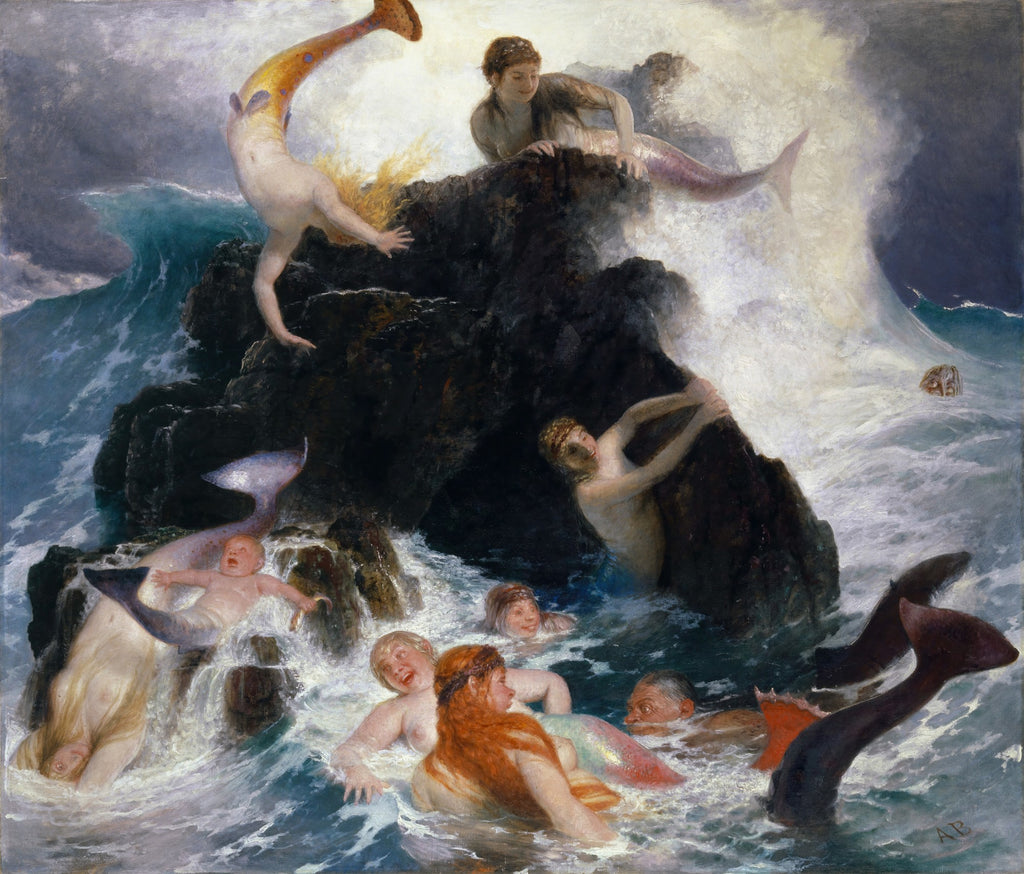 Pintura a óleo de Arnold Böcklin, 'O Brincar das Ondas', mostrando sereias e tritões brincando em águas turbulentas e rochosas, com uma emersão dramática da cauda de uma sereia e outra mergulhando. As cores são escuras e profundas, com espumas brancas e um céu tempestuoso.
