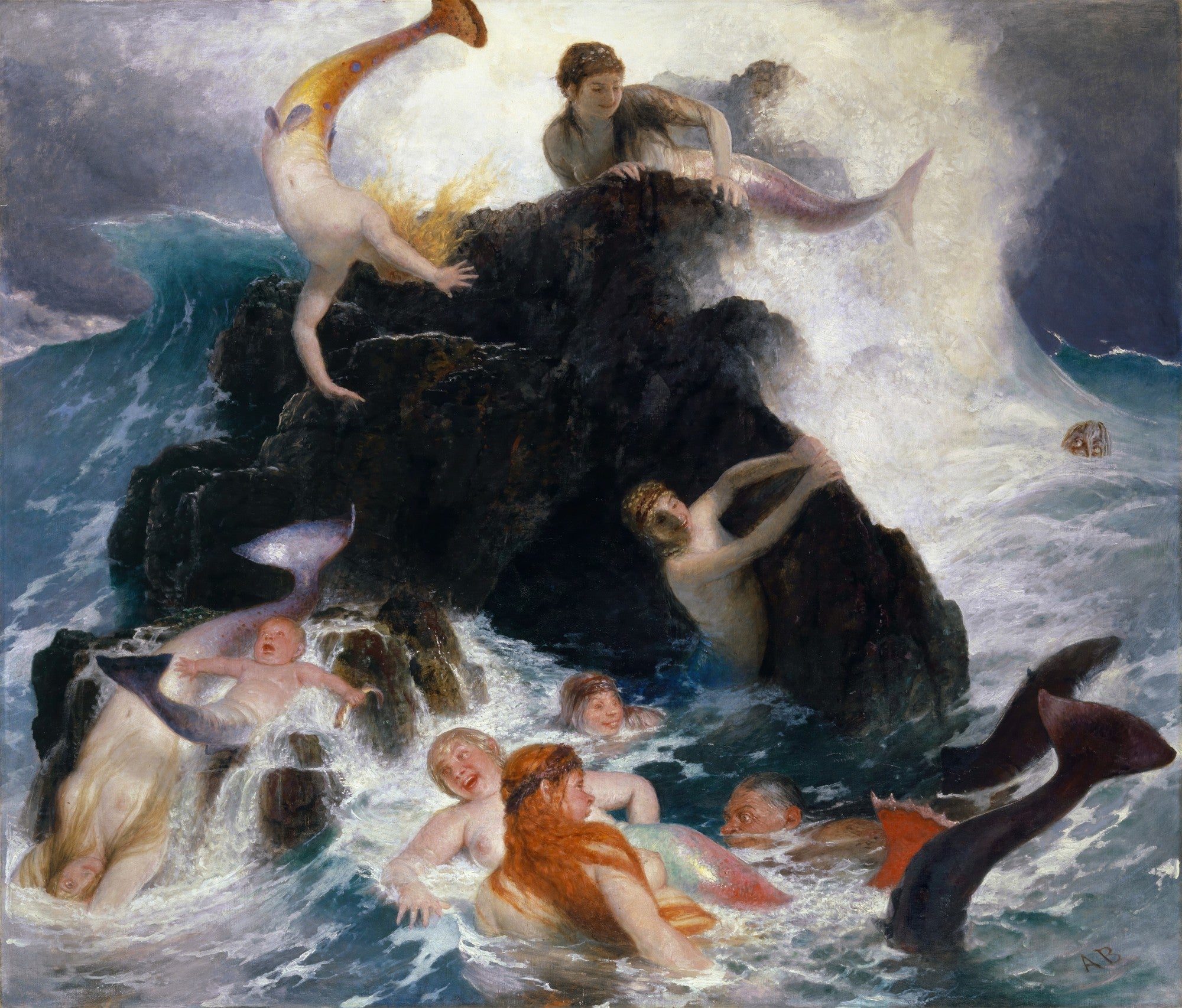 Pintura a óleo de Arnold Böcklin, 'O Brincar das Ondas', mostrando sereias e tritões brincando em águas turbulentas e rochosas, com uma emersão dramática da cauda de uma sereia e outra mergulhando. As cores são escuras e profundas, com espumas brancas e um céu tempestuoso.