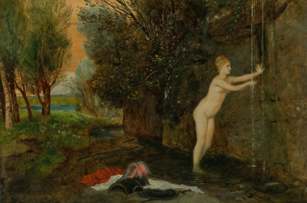 Quadro decorativo 'A Fonte' de Arnold Böcklin, mostrando uma figura feminina nua em um ambiente natural, recebendo água de uma fonte. A cena é envolta em folhagem e luz suave, com roupas e armadura no chão próximo à água.