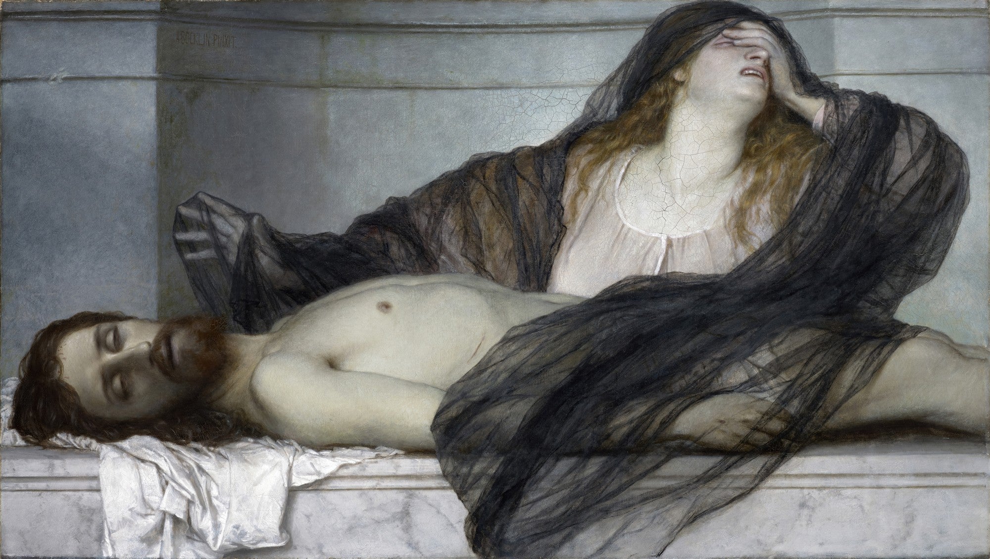Quadro decorativo com a obra 'Lamentação de Cristo' de Arnold Böcklin, mostrando uma figura feminina chorando sobre o corpo de um homem. Predominam tons sóbrios e uma atmosfera de luto.