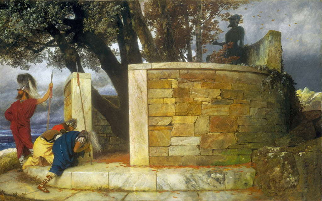 Quadro decorativo 'Ulisses e Calipso' de Arnold Böcklin, mostrando Ulisses e seus companheiros se despedindo da ninfa Calipso, com uma estátua de Hermes ao fundo, sob uma luz dramática e céu nublado.