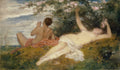 Casal nu, uma mulher reclinada e um homem tocando flauta, sob uma árvore com flores rosadas, em uma paisagem verde com um céu azul acinzentado.