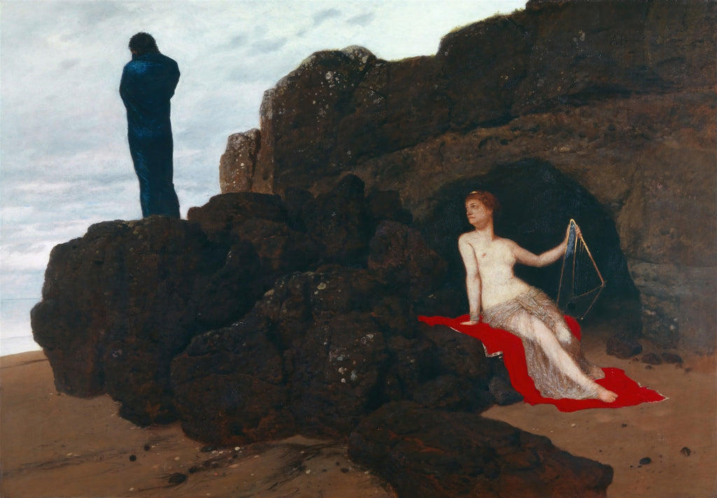 Quadro decorativo 'A Ilha dos Mortos' de Arnold Böcklin, mostrando uma figura escura em pé sobre uma rocha e uma figura feminina sentada em uma caverna com uma lira.