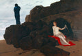 Quadro decorativo 'A Ilha dos Mortos' de Arnold Böcklin, mostrando uma figura escura em pé sobre uma rocha e uma figura feminina sentada em uma caverna com uma lira.