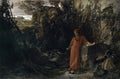Pintura simbolista de Arnold Böcklin retratando uma figura com vestes vermelhas e turbante, encostada em uma rocha em uma paisagem escura e rochosa, com uma casa distante no horizonte. A obra é 'Dante e Virgílio no Inferno'.