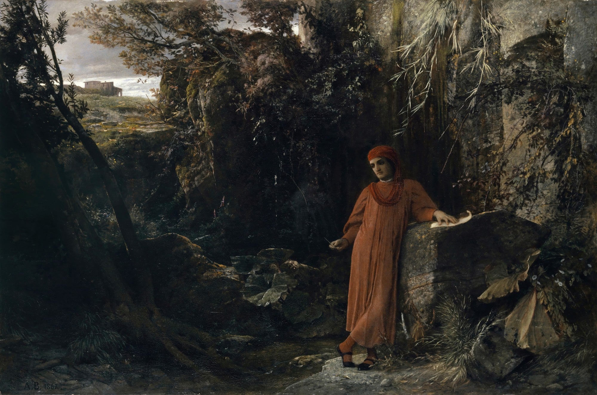 Pintura simbolista de Arnold Böcklin retratando uma figura com vestes vermelhas e turbante, encostada em uma rocha em uma paisagem escura e rochosa, com uma casa distante no horizonte. A obra é 'Dante e Virgílio no Inferno'.