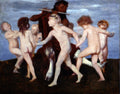 Quadro decorativo com a pintura 'Pã entre Crianças' de Arnold Böcklin, mostrando Pã tocando flauta para um grupo de crianças nuas dançando em um cenário bucólico sob um céu azul acinzentado.