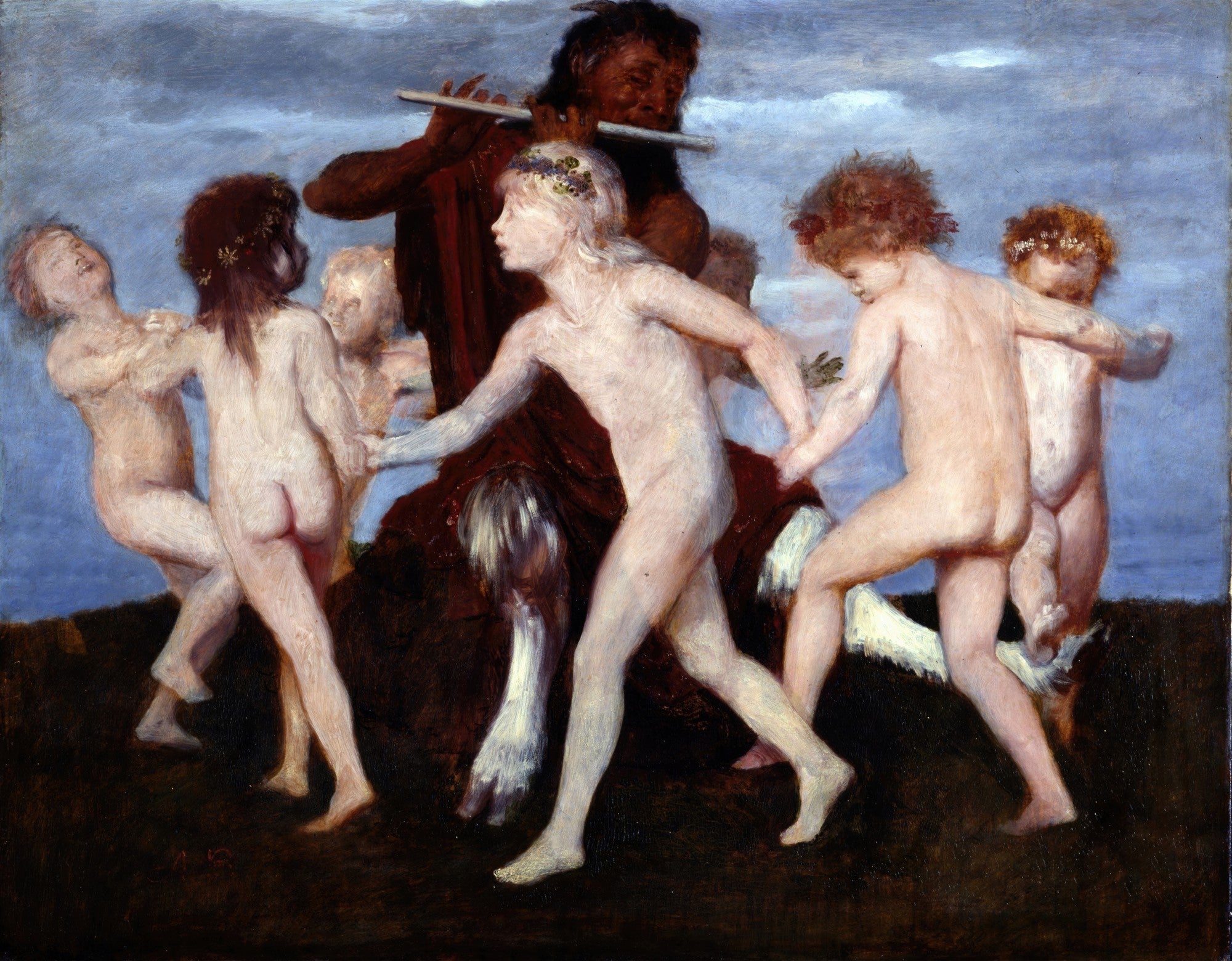 Quadro decorativo com a pintura 'Pã entre Crianças' de Arnold Böcklin, mostrando Pã tocando flauta para um grupo de crianças nuas dançando em um cenário bucólico sob um céu azul acinzentado.