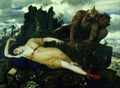 Quadro decorativo 'A Ninfa e o Sátiro' de Arnold Böcklin, mostrando uma ninfa adormecida em primeiro plano e um sátiro a espreitar por trás de uma rocha, em uma paisagem montanhosa e arborizada.