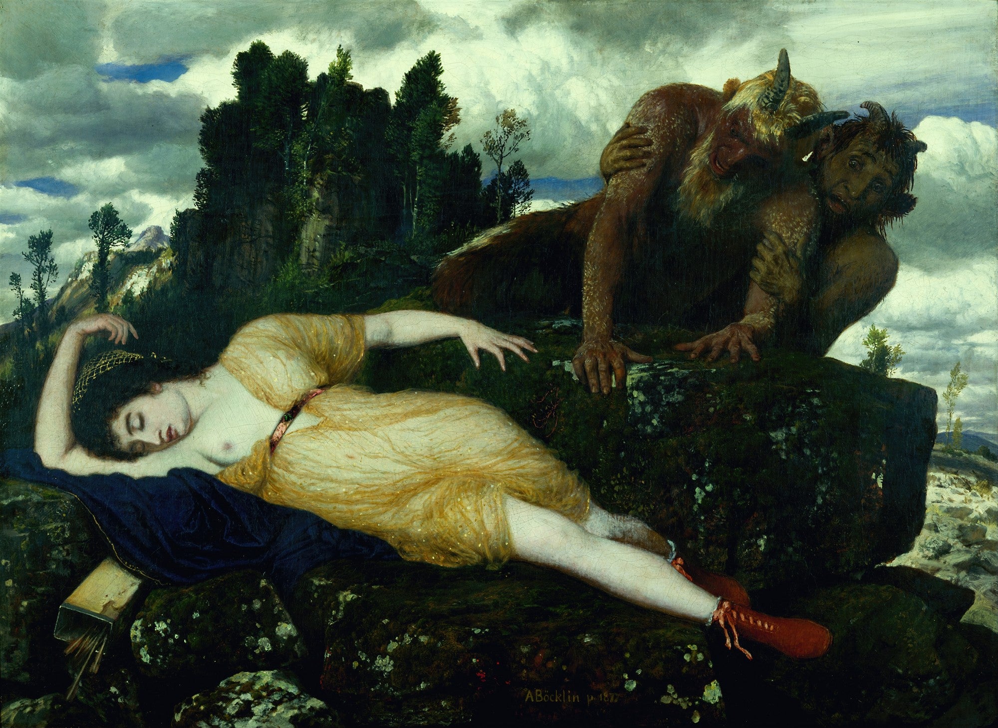 Quadro decorativo 'A Ninfa e o Sátiro' de Arnold Böcklin, mostrando uma ninfa adormecida em primeiro plano e um sátiro a espreitar por trás de uma rocha, em uma paisagem montanhosa e arborizada.
