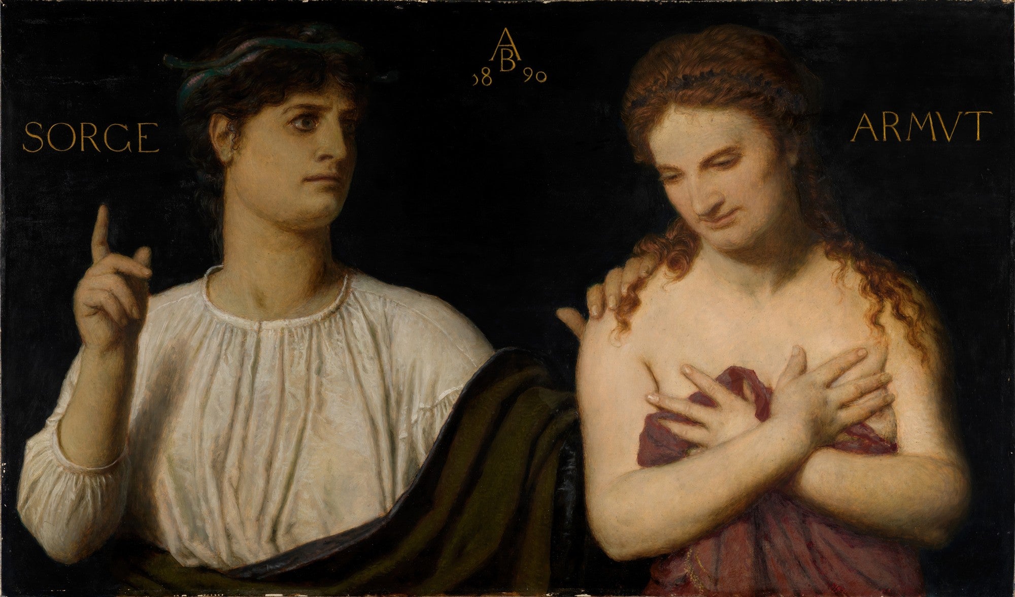 Quadro decorativo de Arnold Böcklin, 'Sorgete Armvt', mostrando duas figuras, uma masculina e uma feminina, com expressões de preocupação e resignação em um fundo escuro.
