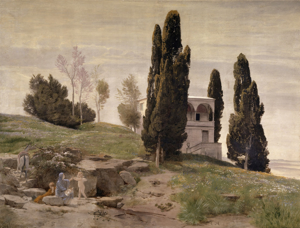 Pintura de Arnold Böcklin, 'A Chegada', mostrando uma paisagem mediterrânea com ciprestes altos, uma vila ao fundo, e figuras humanas e um burro em primeiro plano, em tons neutros e suaves.