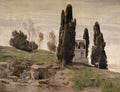 Pintura de Arnold Böcklin, 'A Chegada', mostrando uma paisagem mediterrânea com ciprestes altos, uma vila ao fundo, e figuras humanas e um burro em primeiro plano, em tons neutros e suaves.