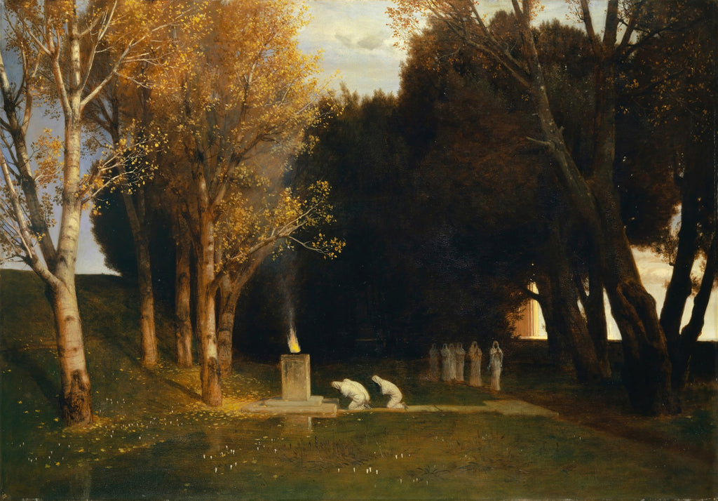 Quadro "O Santuário de Pan" de Arnold Böcklin, retratando uma paisagem outonal com árvores douradas, um altar com uma chama e figuras em vestes brancas em adoração.