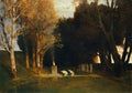 Quadro "O Santuário de Pan" de Arnold Böcklin, retratando uma paisagem outonal com árvores douradas, um altar com uma chama e figuras em vestes brancas em adoração.