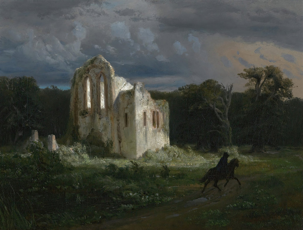 Quadro decorativo com pintura de ruínas medievais sob um céu dramático, com um cavaleiro a cavalo em primeiro plano. Obra de Arnold Böcklin.