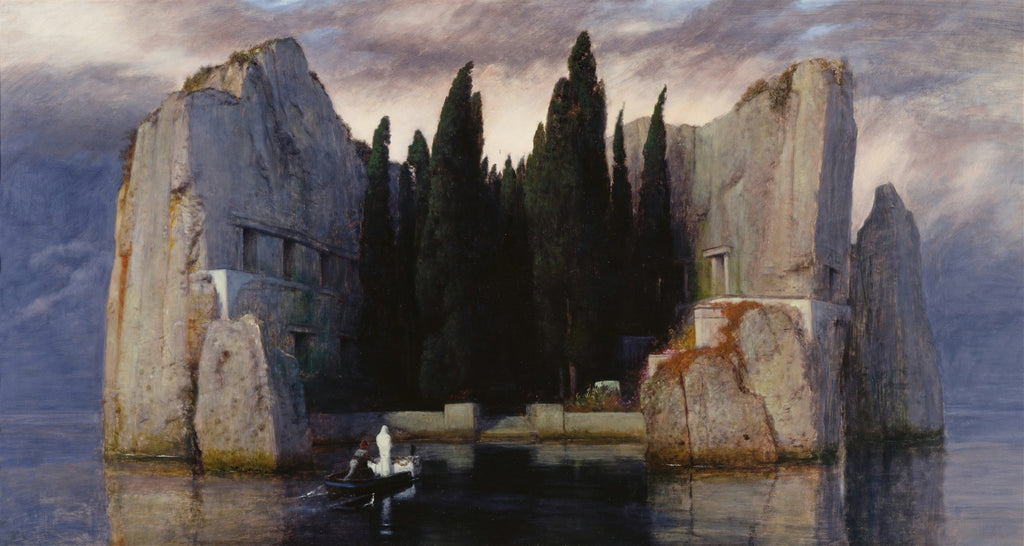 Quadro decorativo "A Ilha dos Mortos" de Arnold Böcklin, mostrando uma ilha rochosa com ciprestes escuros, um barqueiro e uma figura branca em um barco na água escura sob um céu nublado.