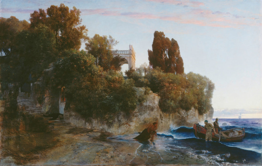 Pintura 'A Praia da Vila' de Arnold Böcklin, mostrando uma enseada rochosa com árvores, uma construção antiga no topo e pessoas perto de um barco na água.