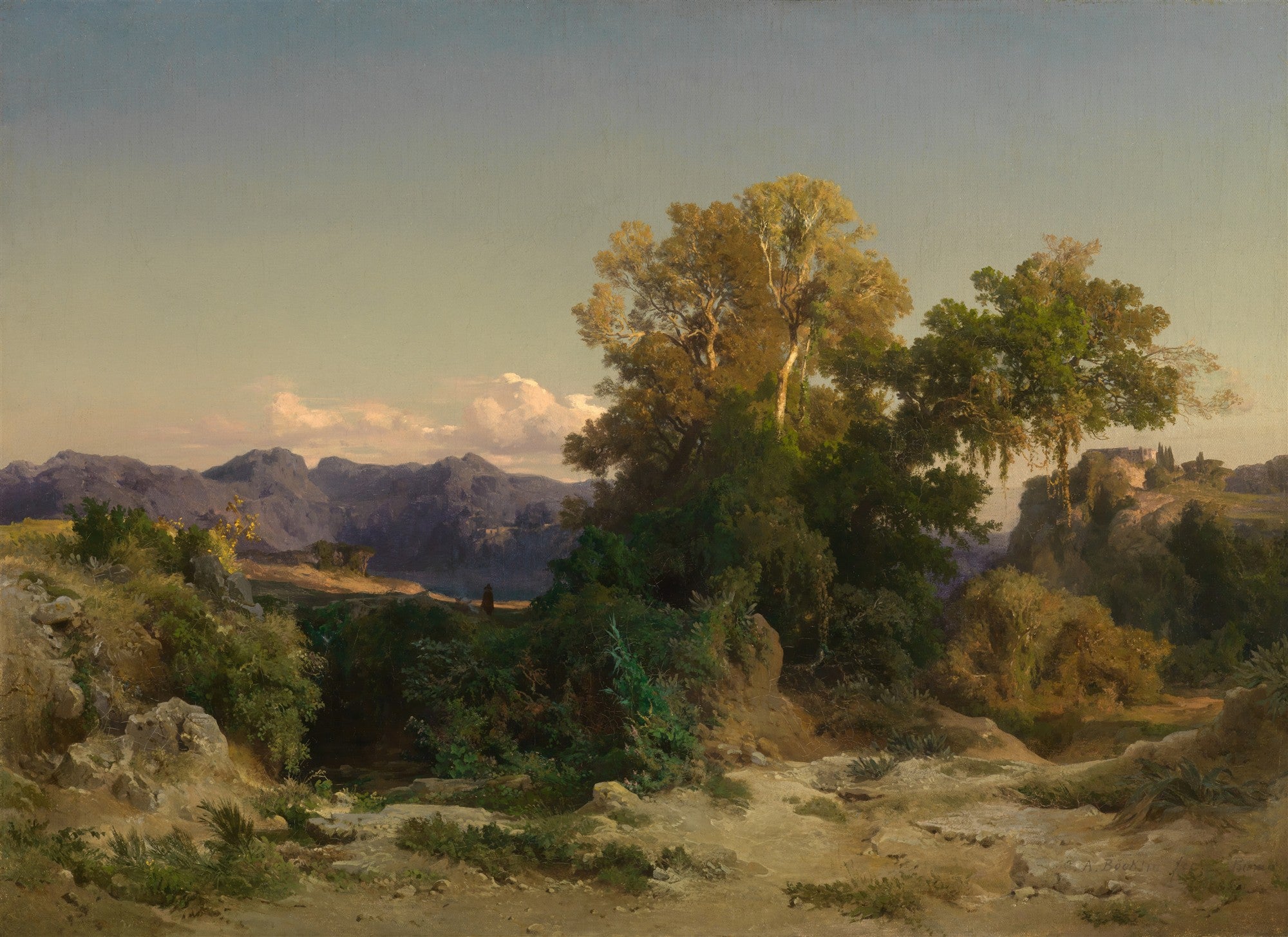 Quadro decorativo paisagem mediterrânea com montanhas, árvores frondosas e um pequeno caminho em tons de verde, marrom e azul-céu de Arnold Böcklin