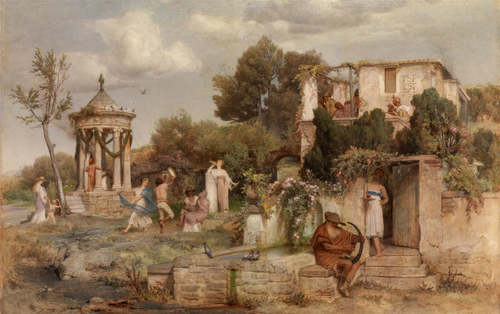 Quadro decorativo "A Festa de Flora" de Arnold Böcklin, representando uma cena mitológica com figuras dançando e tocando música em um ambiente bucólico com ruínas antigas.