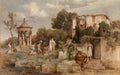 Quadro decorativo "A Festa de Flora" de Arnold Böcklin, representando uma cena mitológica com figuras dançando e tocando música em um ambiente bucólico com ruínas antigas.