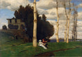 Quadro decorativo 'A Primavera' de Arnold Böcklin, mostrando uma paisagem campestre com duas figuras, uma casa antiga e árvores esbeltas sob um céu azul com nuvens.